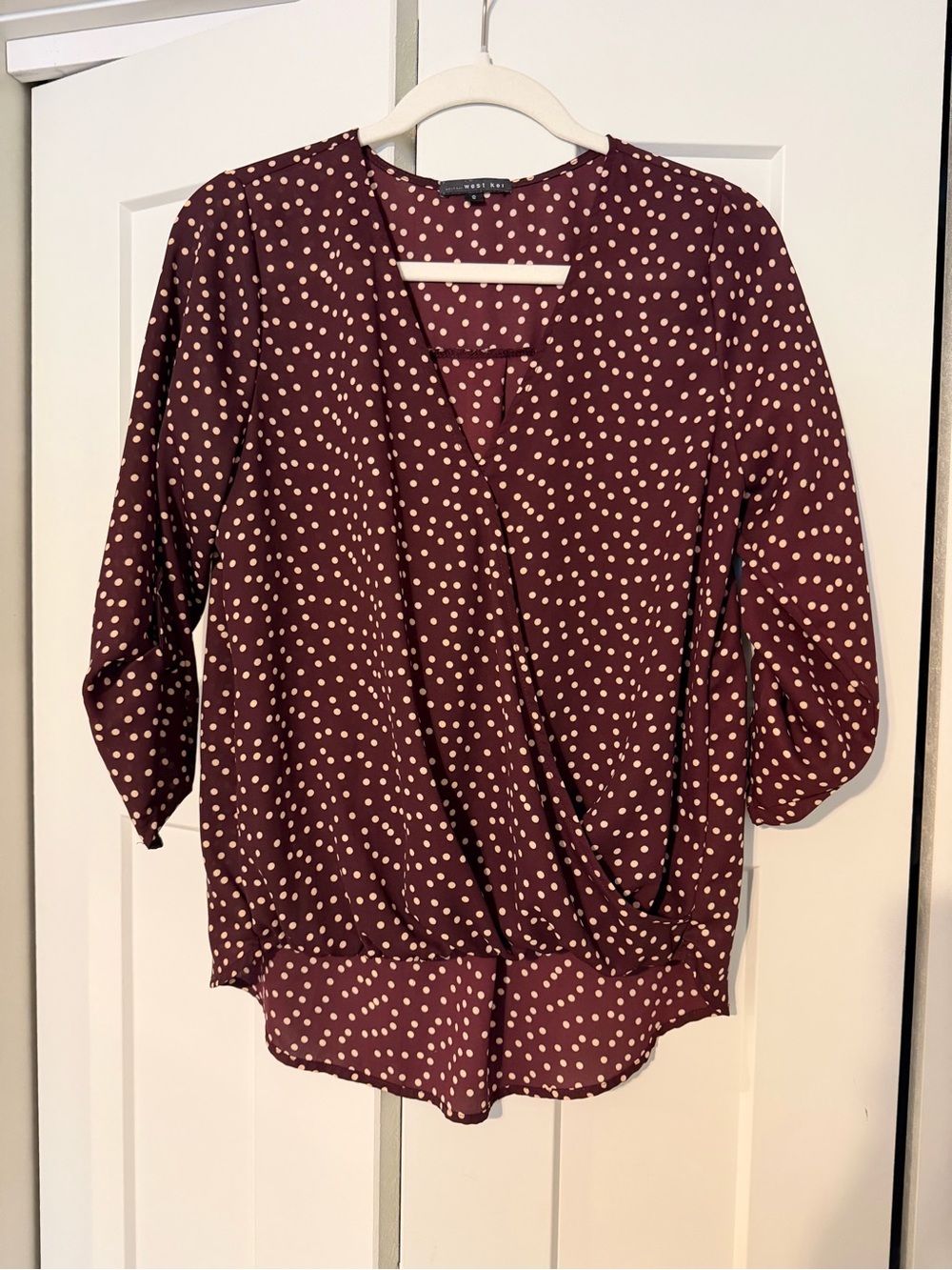 West Kei Wine Polka Dot Faux-Wrap Blouse